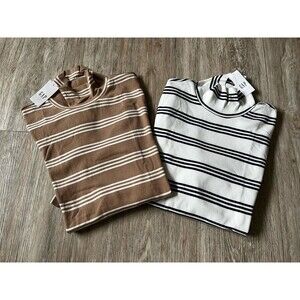 Bundle Gap Cotton Turtleneck Shirt Long Sleeve Tan White Striped Top